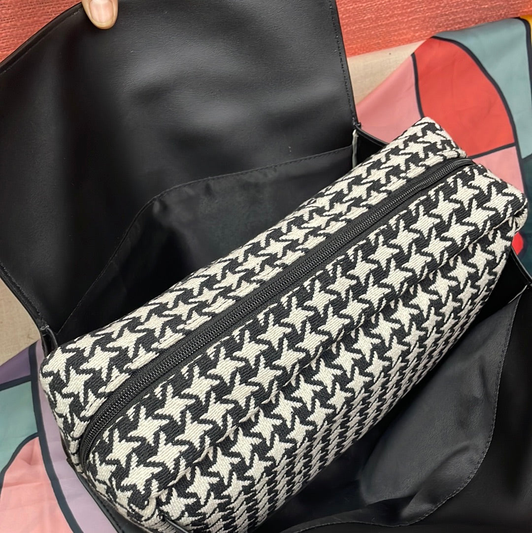 Black with Black & White Vintage Small Print Leera 12inch Bag