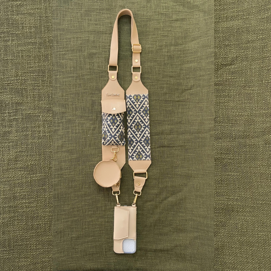 Dark Beige  Black Diamond  Cloth On Pocket Pochette Belt with phone Case