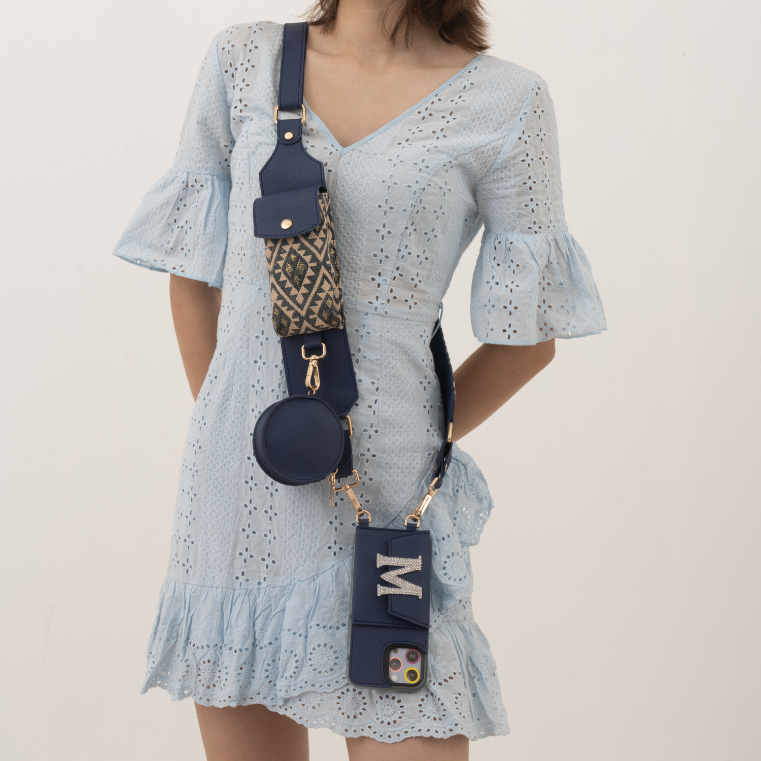 Blue Light Black Diamond  Cloth On Pocket Pochette Belt with phone Case