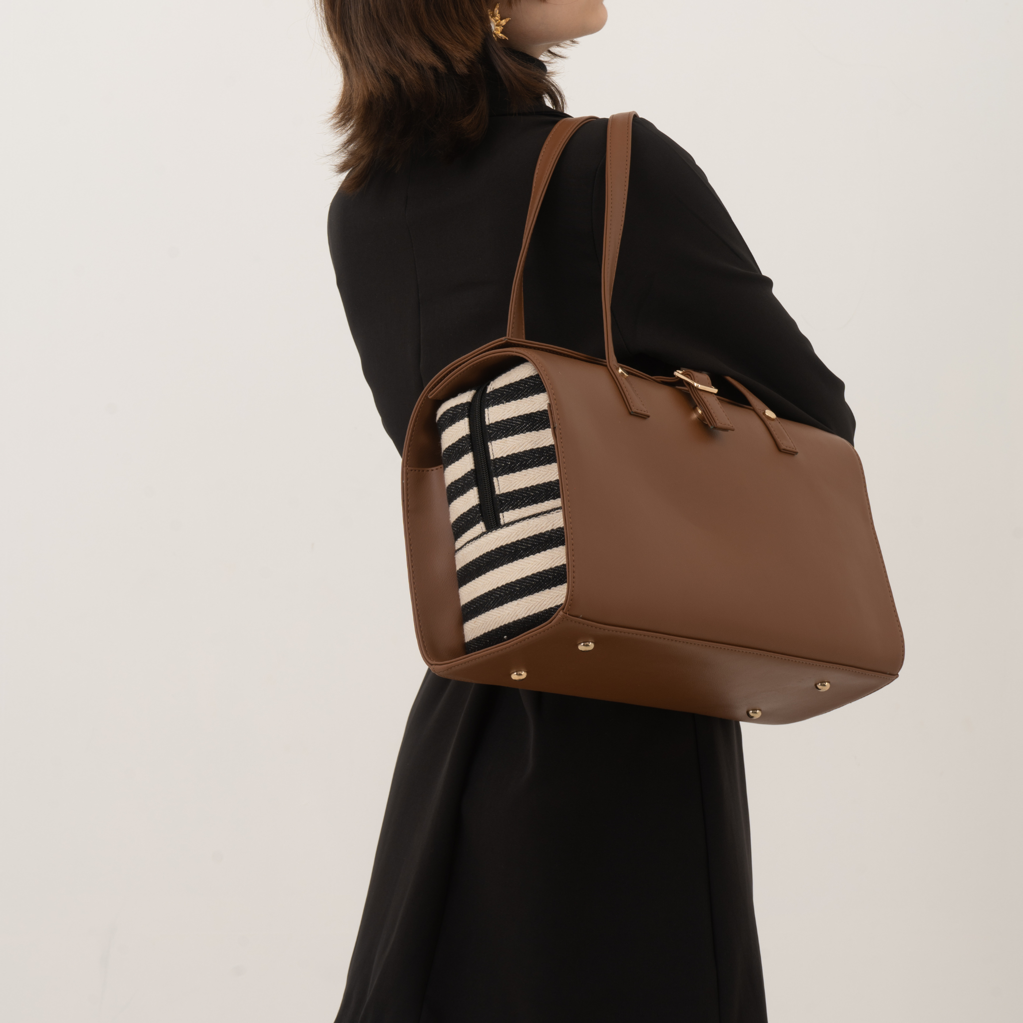 Brown with Black & White Stripes Leera 16inch Bag