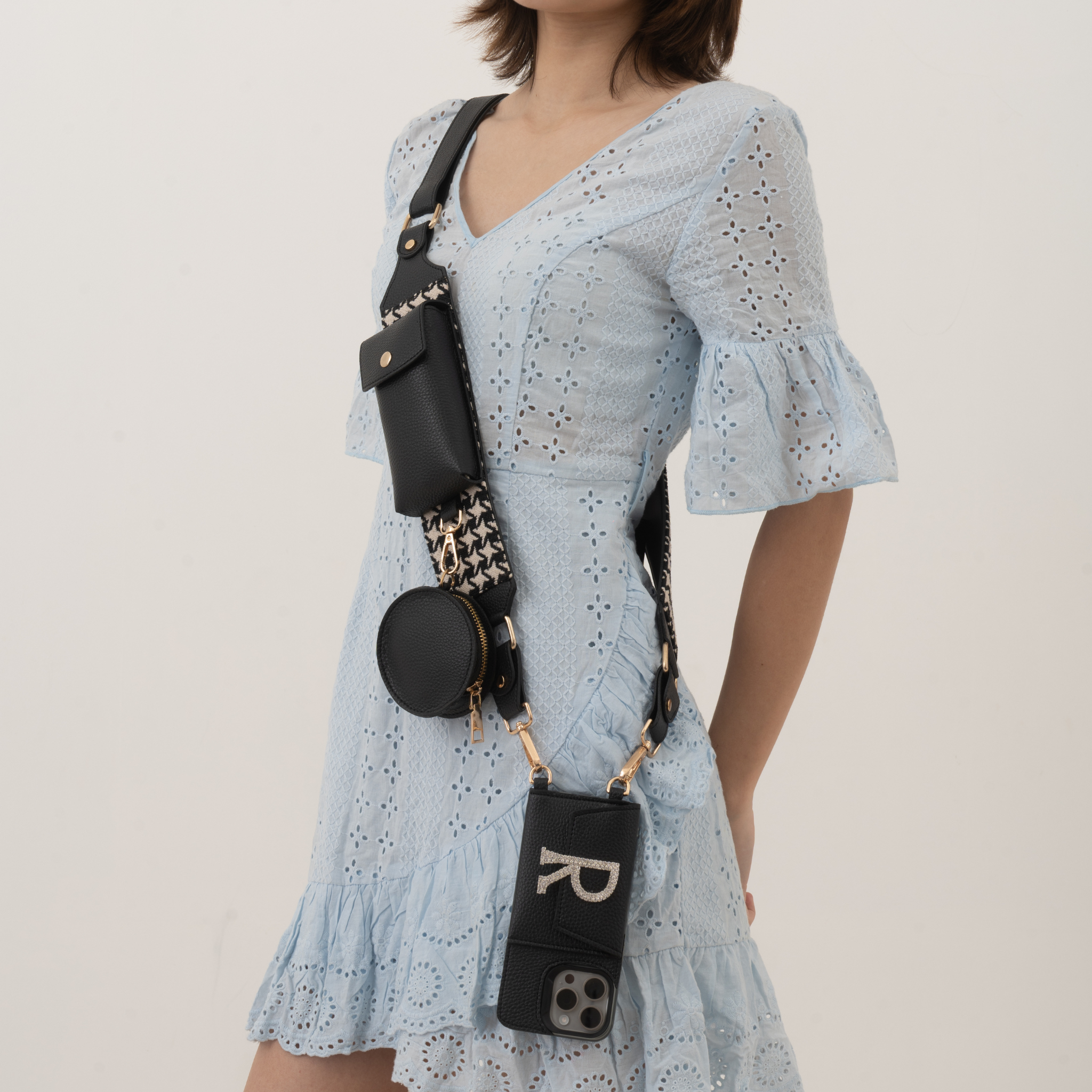 Black & White Vintage Small Print Pochette Belt with Phone Case