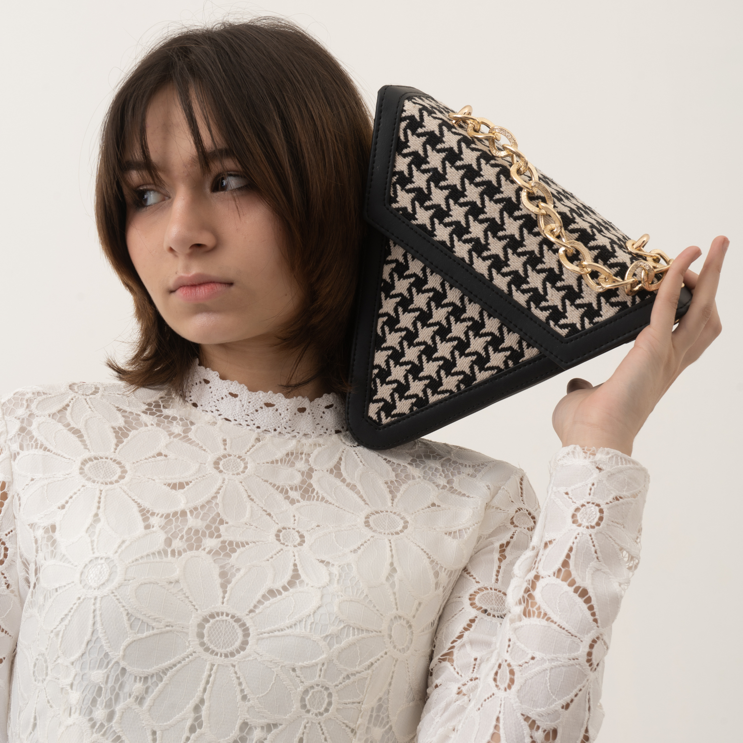 Black & White Vintage Small Print Triangular Bag