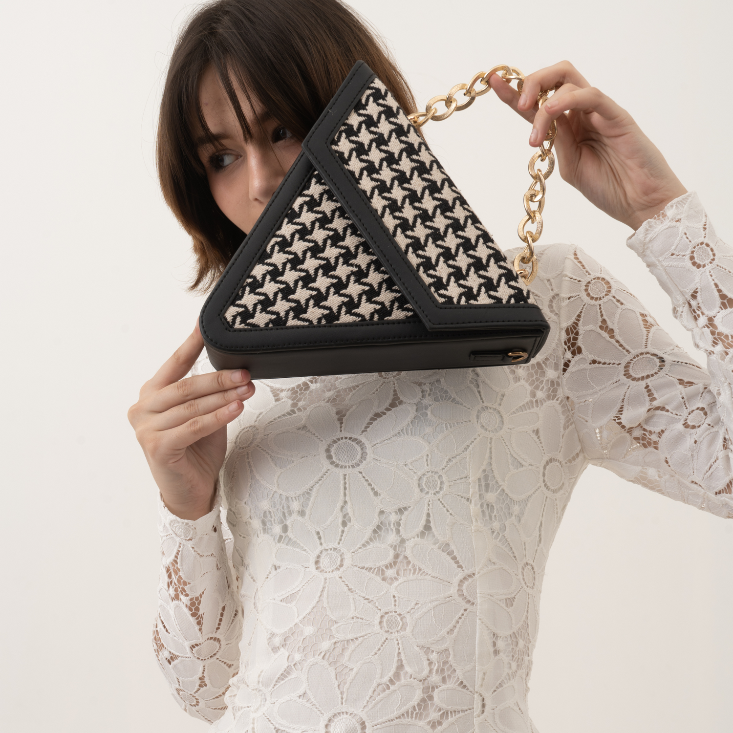 Black & White Vintage Small Print Triangular Bag