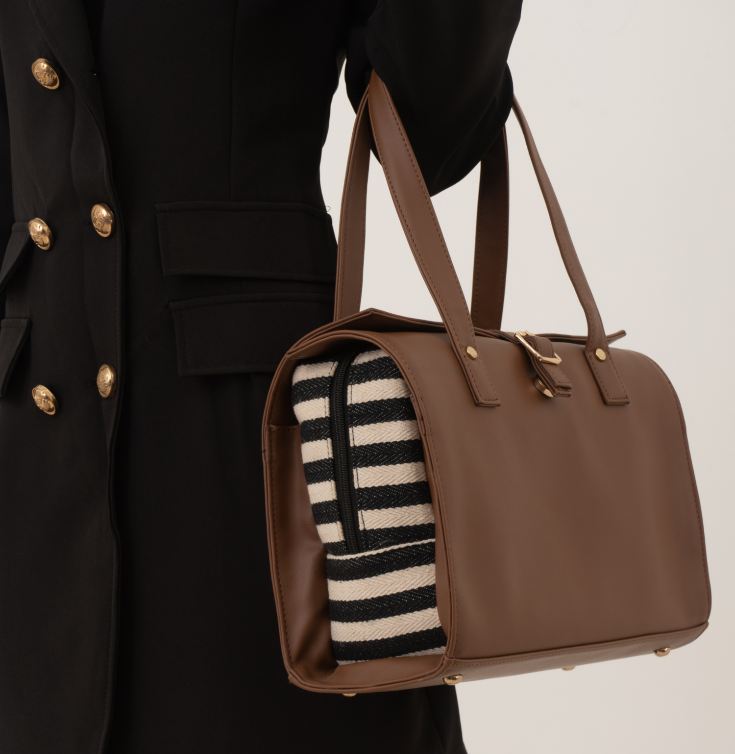 Brown with Black & White Stripes Leera 14inch Bag