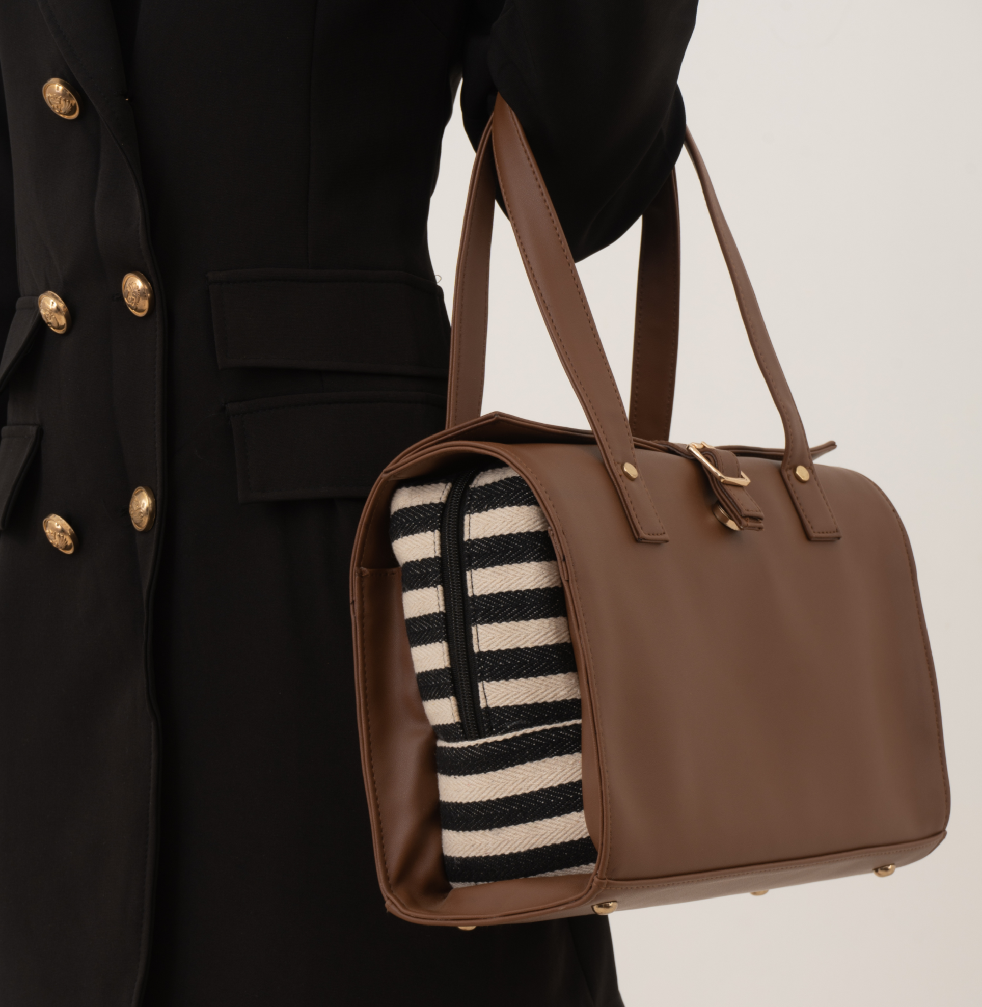 Brown with Black & White Stripes Leera 14inch Bag