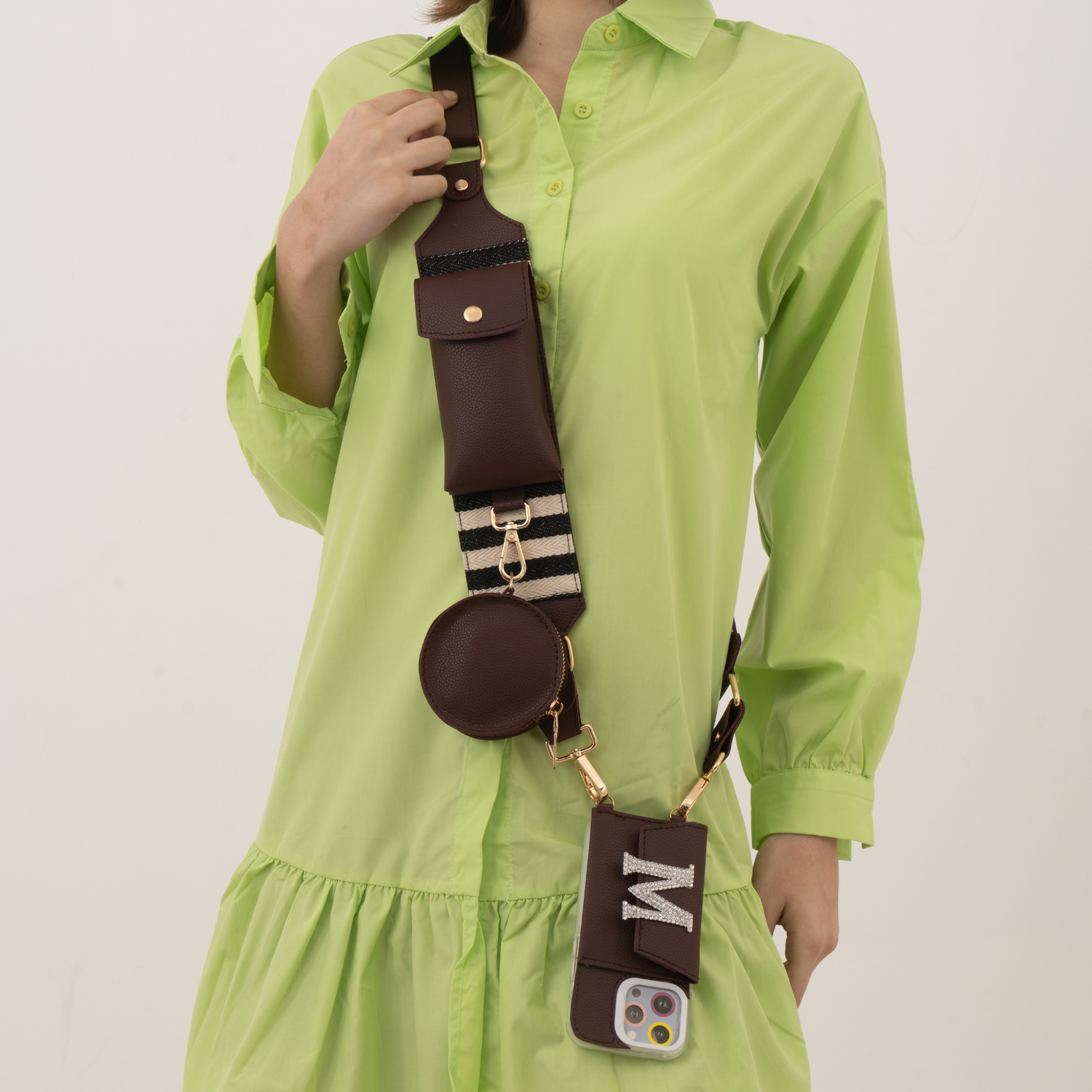 Brown with Black & White Stripes Pochette Belt with Phone Case