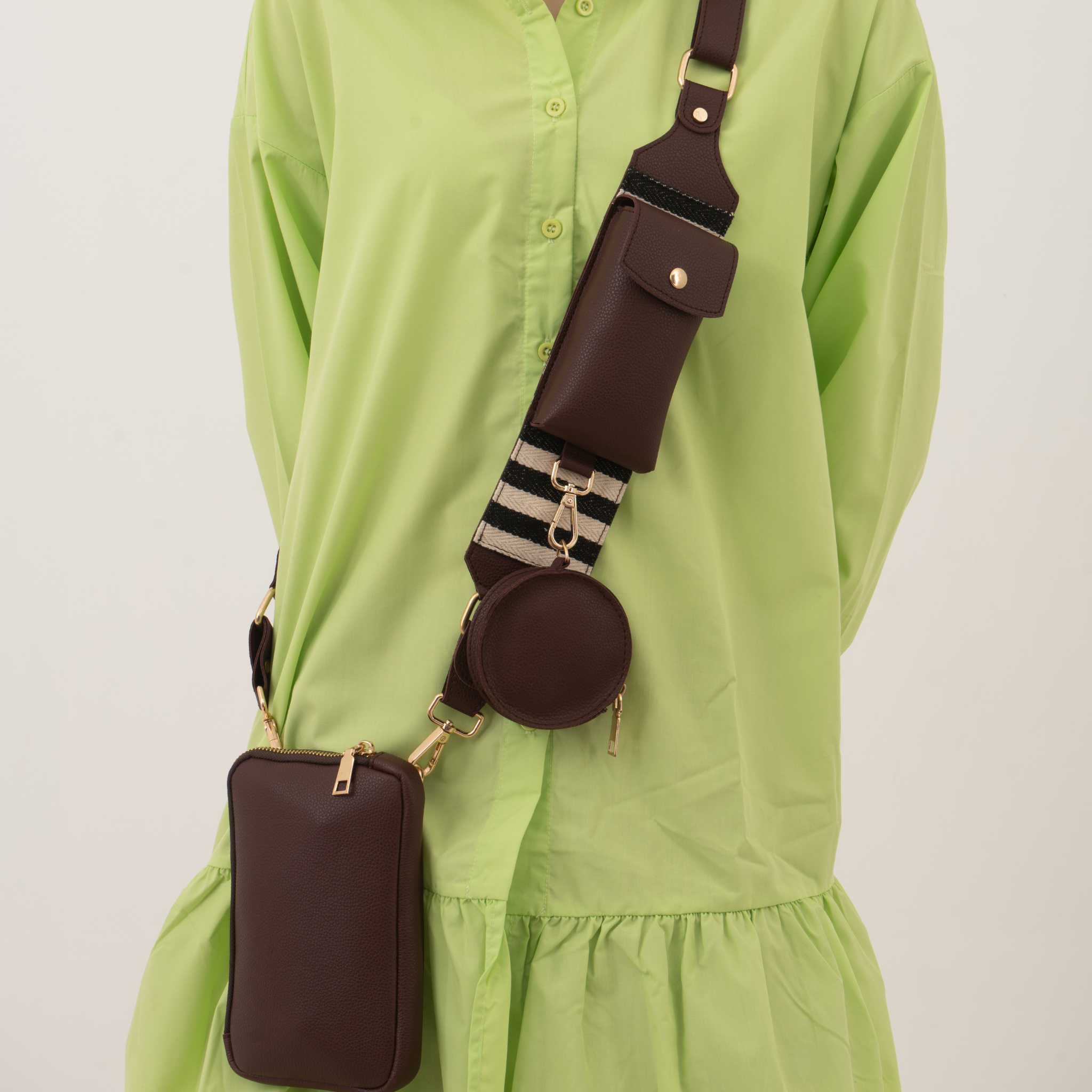 Brown Pouch + Brown with Black & White Stripes Pochette Belt