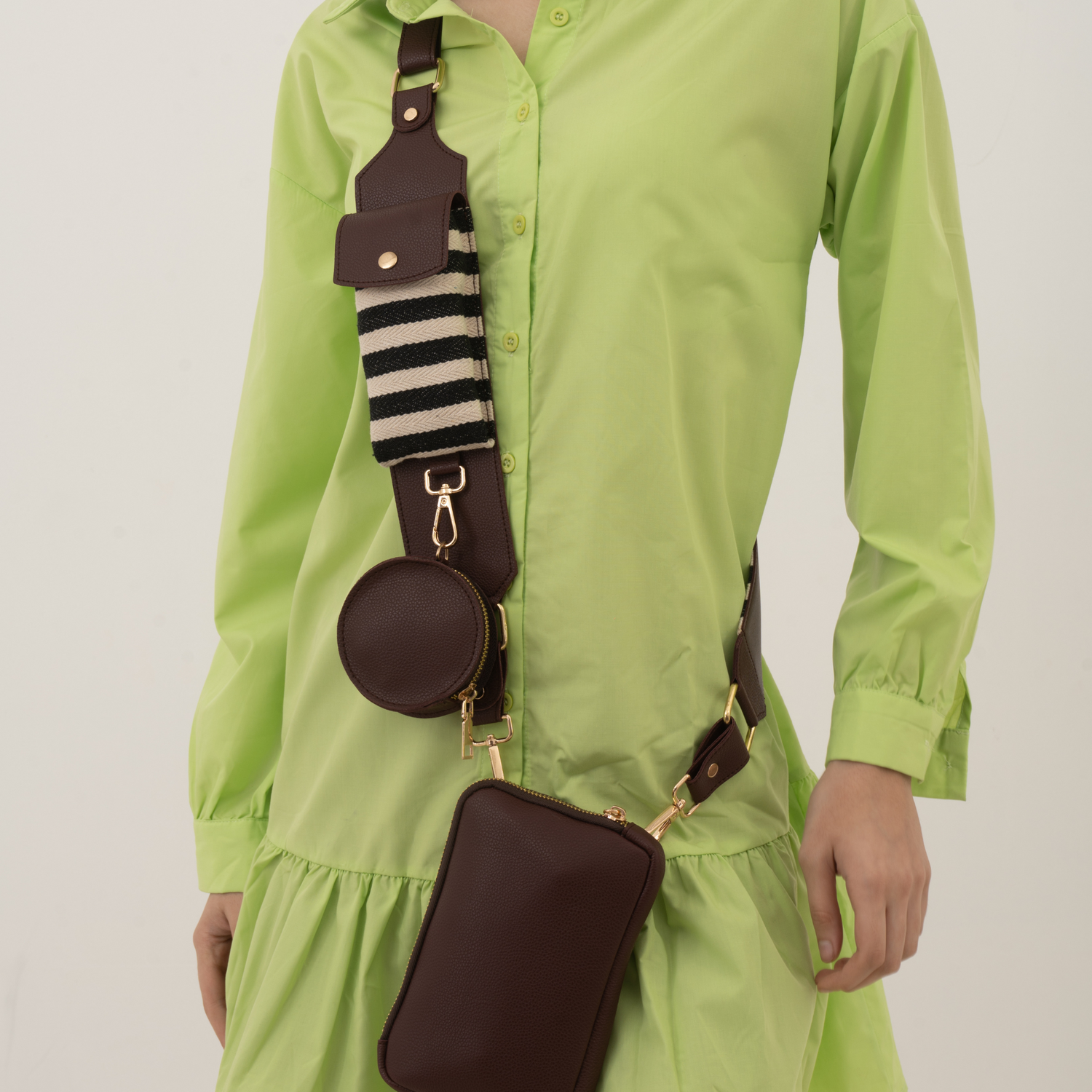 Brown Pouch + Brown with Black & White Stripes Cloth on Pocket Pochette Belt