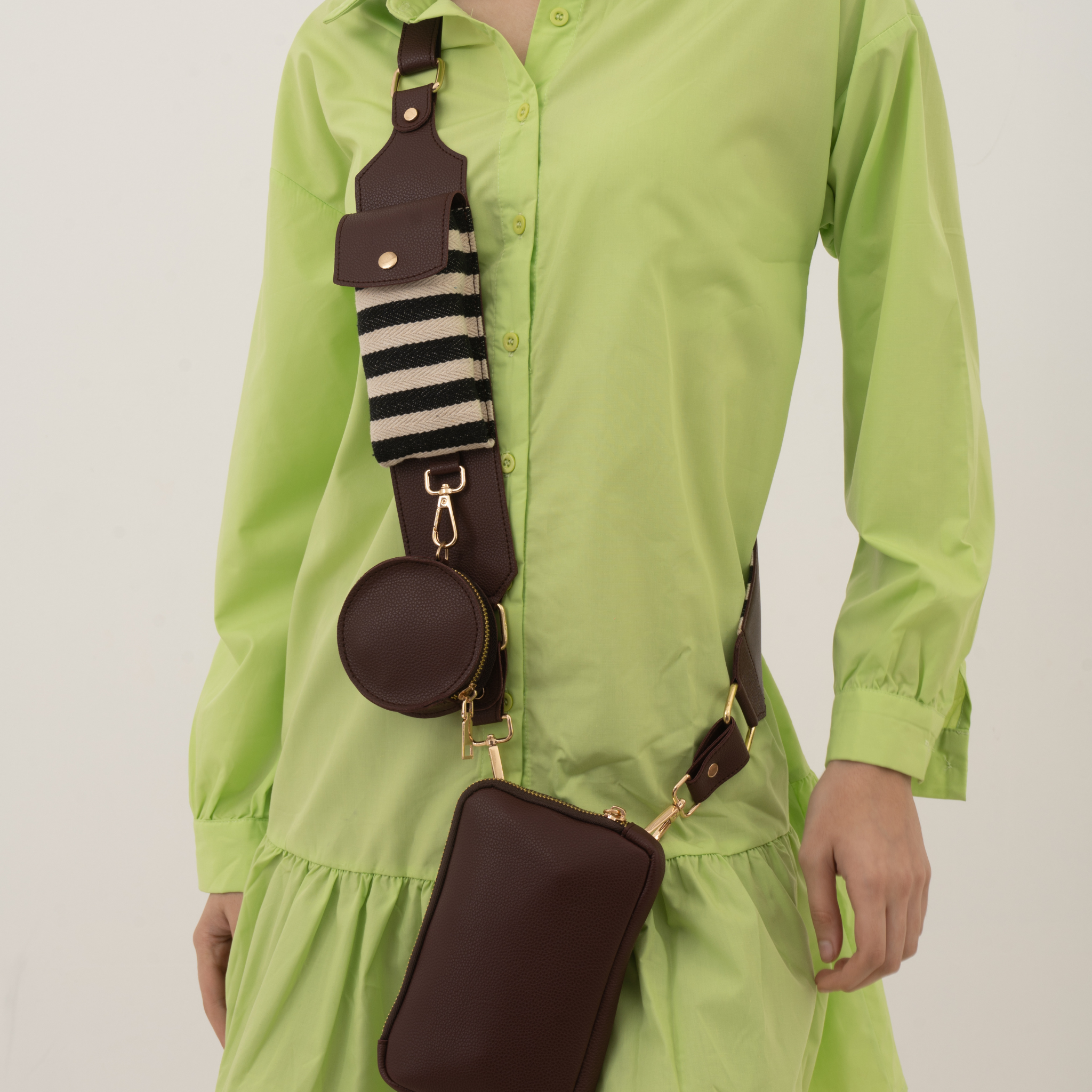 Brown Pouch + Brown with Black & White Stripes Cloth on Pocket Pochette Belt