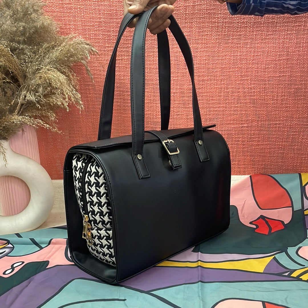 Black with Black & White Vintage Small Print Leera 12inch Bag