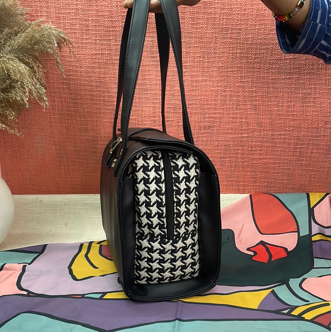 Black with Black & White Vintage Small Print Leera 12inch Bag