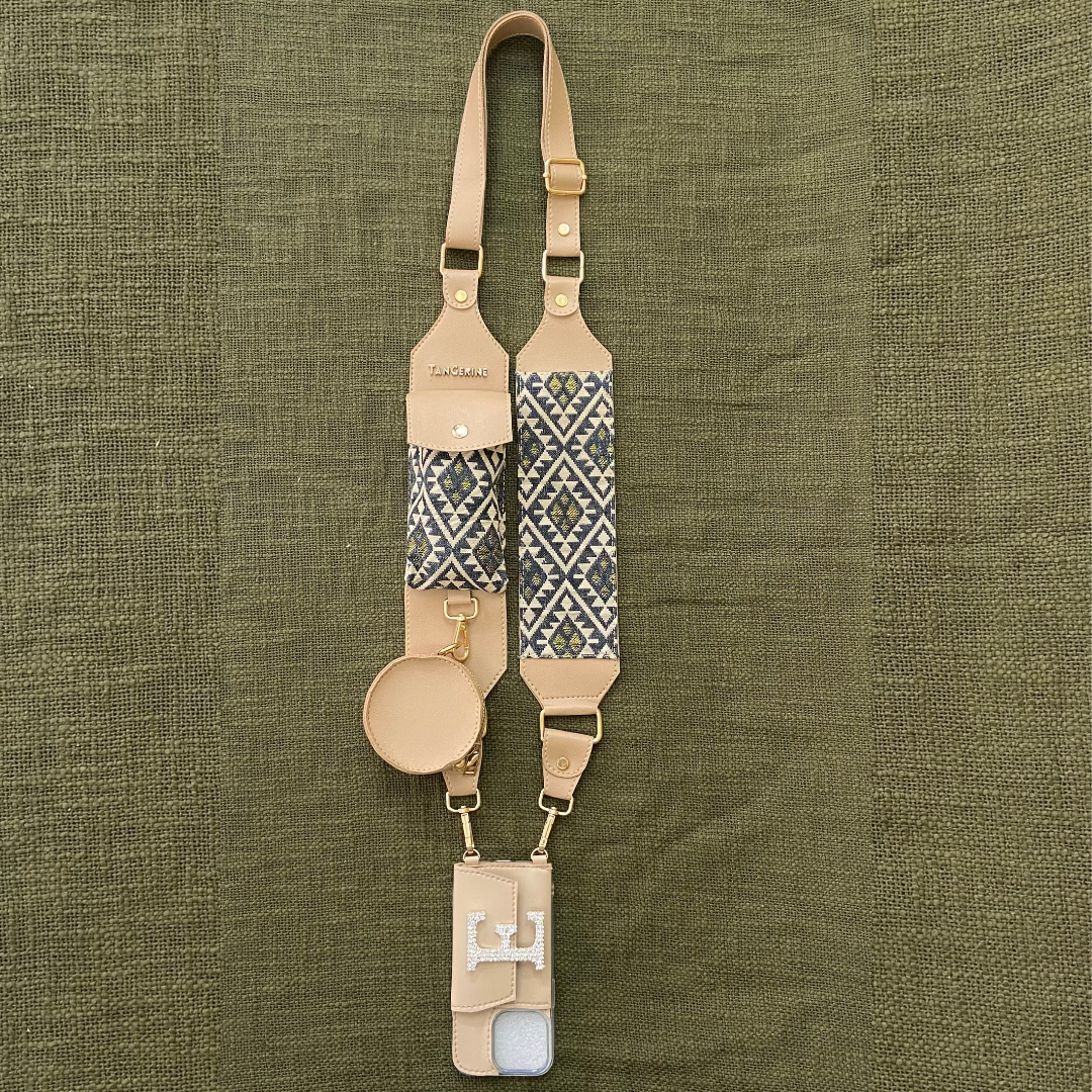 Dark Beige  Black Diamond  Cloth On Pocket Pochette Belt with phone Case