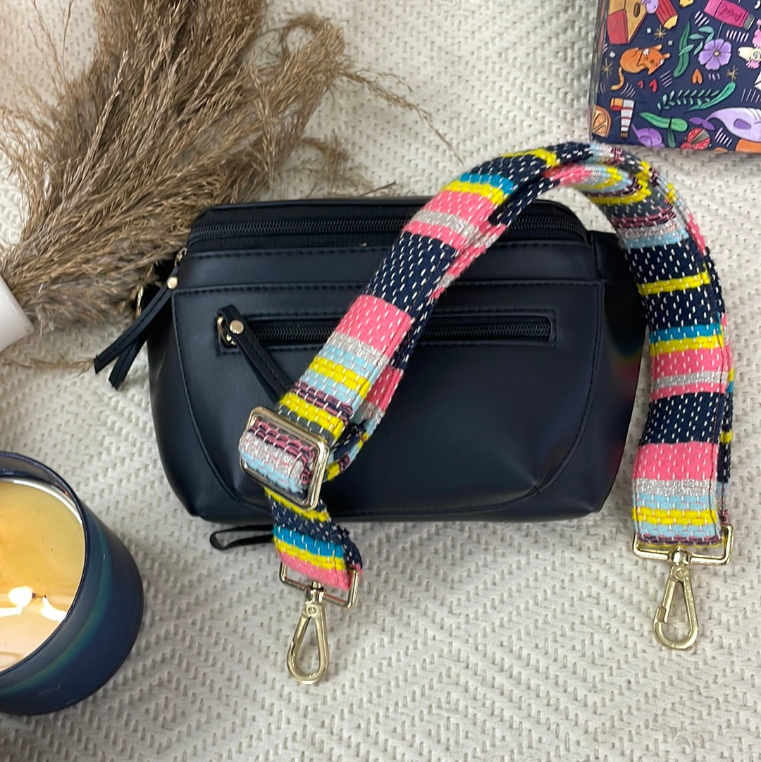 BUM BAG BLACK WITH MULTICOLOURED LINE BELT