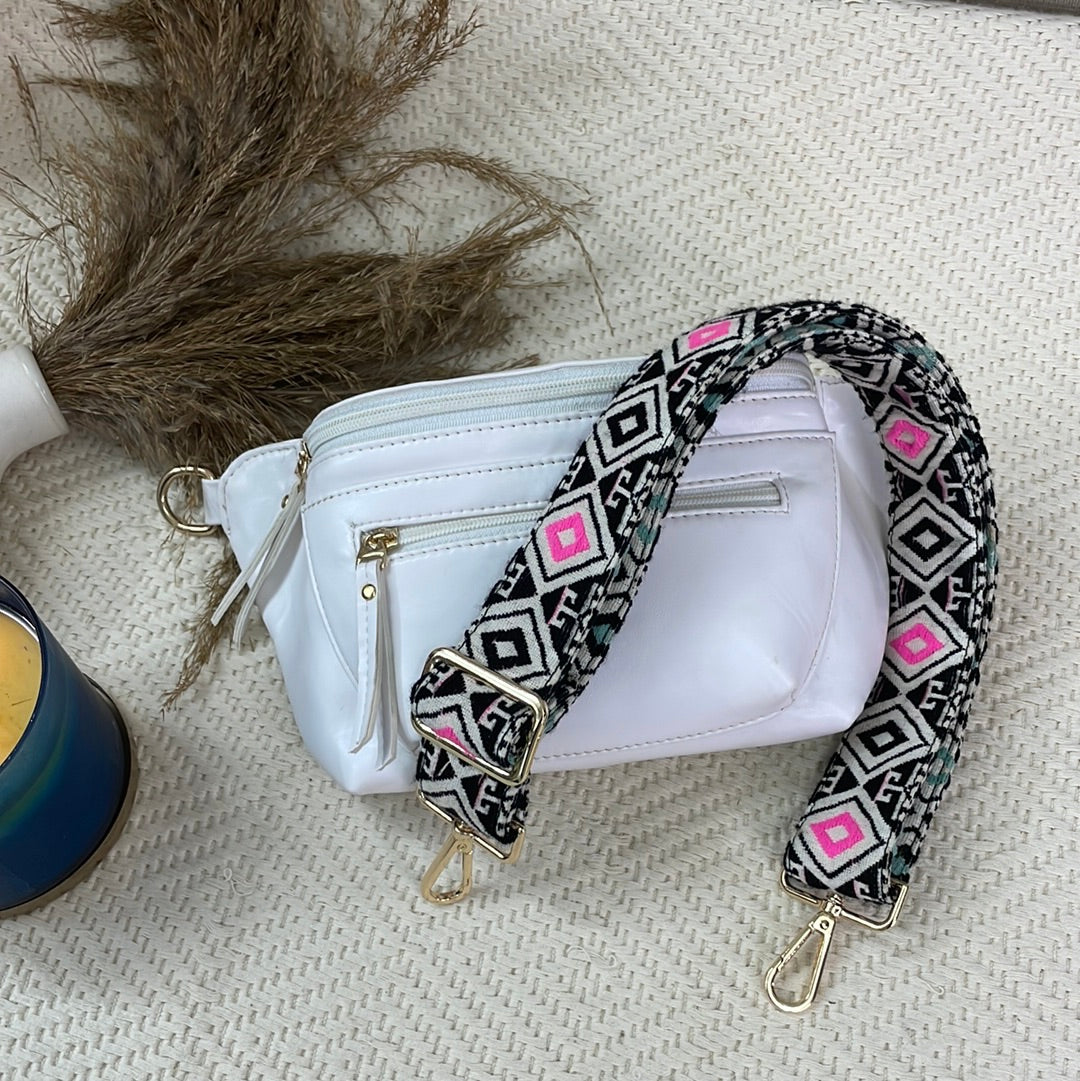 BUM BAG IN WHITE WITH PINK & MINT DIAMOND BELT