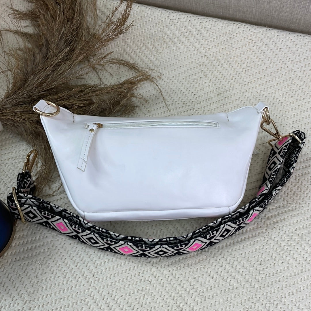 BUM BAG IN WHITE WITH PINK & MINT DIAMOND BELT