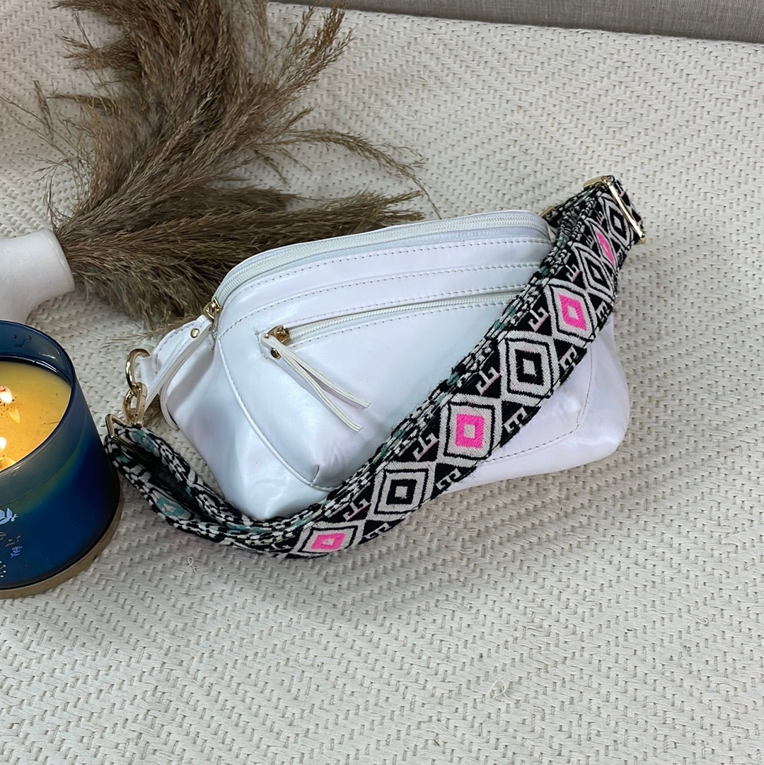 BUM BAG IN WHITE WITH PINK & MINT DIAMOND BELT