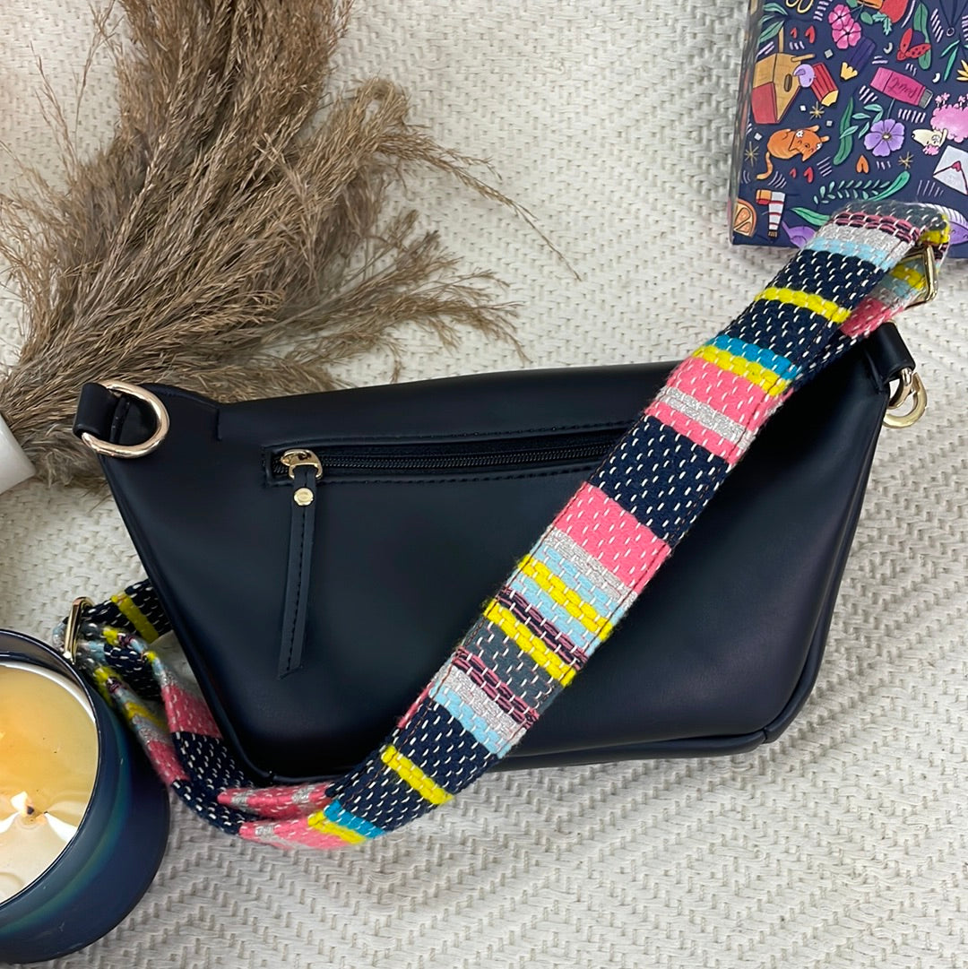 BUM BAG BLACK WITH MULTICOLOURED LINE BELT