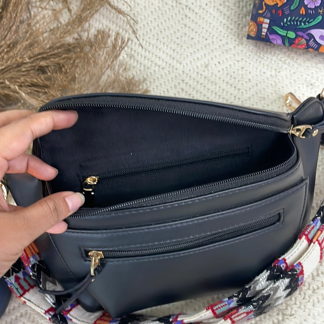 BLACK BUM BAG WITH TRIBAL BELT