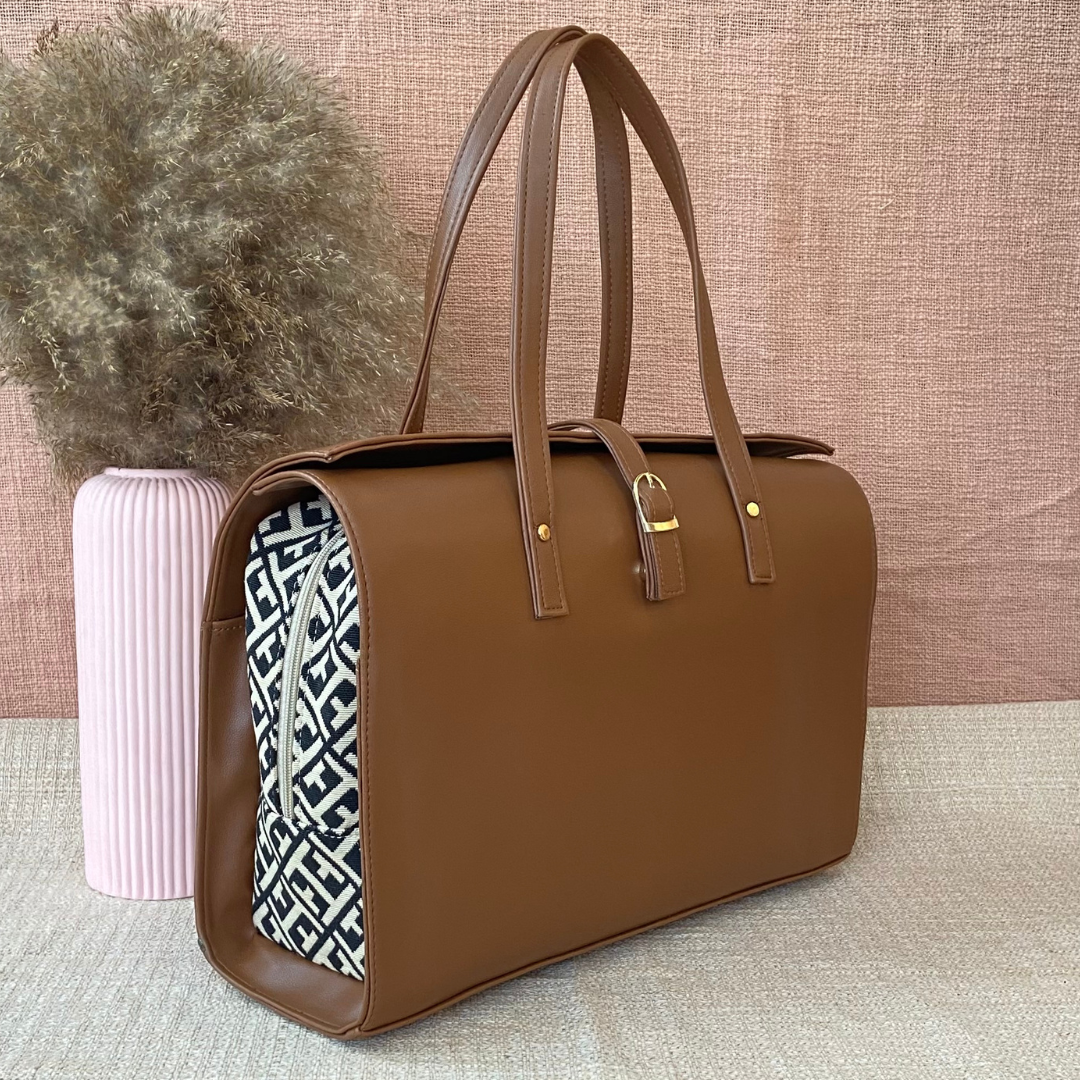Brown with Black T-shape Design Leera 16inch Bag