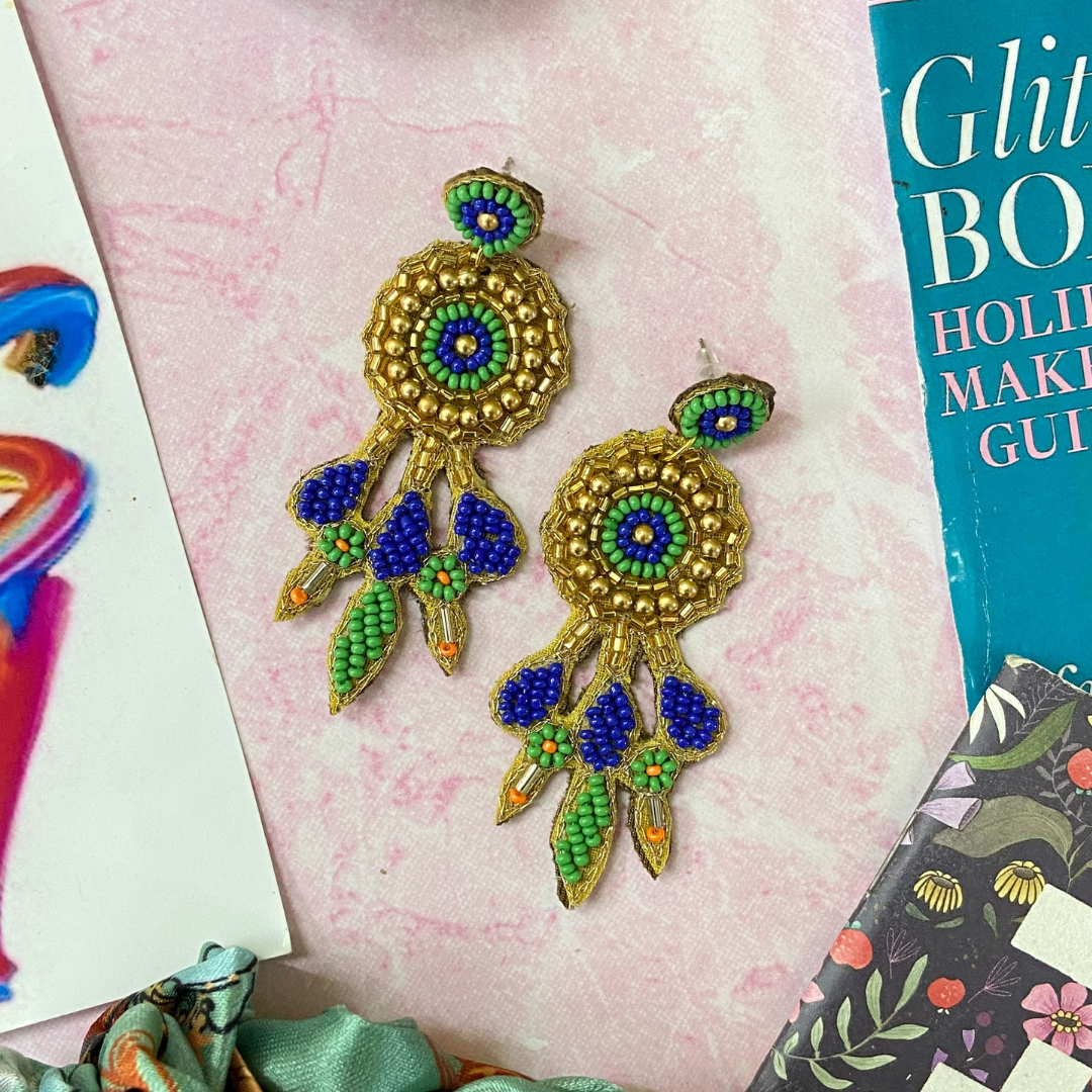 Cabana in Dark Blue, Green & Gold Earrings