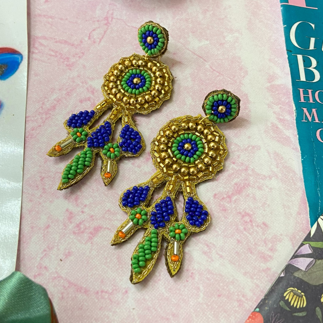 Cabana in Dark Blue, Green & Gold Earrings