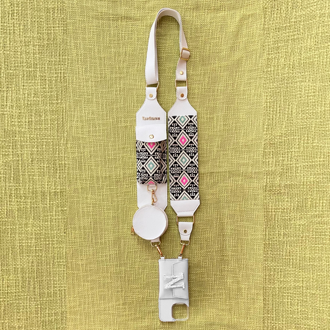 White with Mint & Pink Diamond Cloth on Pocket Pochette Belt with Phone Case