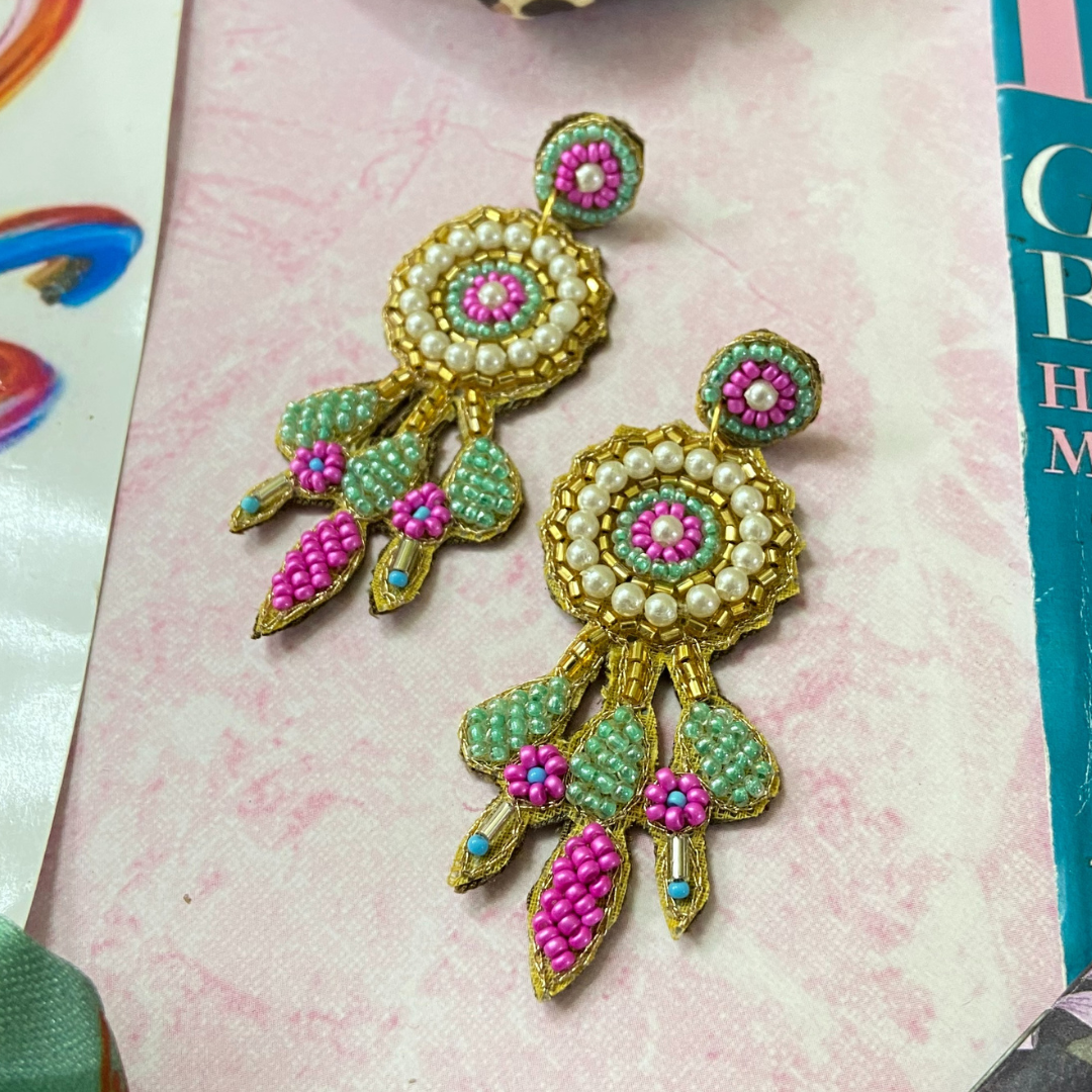 Cabana in Pink, Green & Gold Earrings