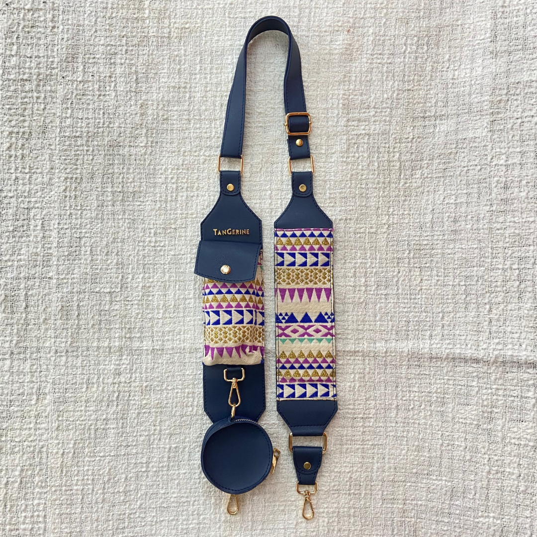 Blue with Multi-color Triangles Cloth on Pocket Pochette Belt with Phone Case