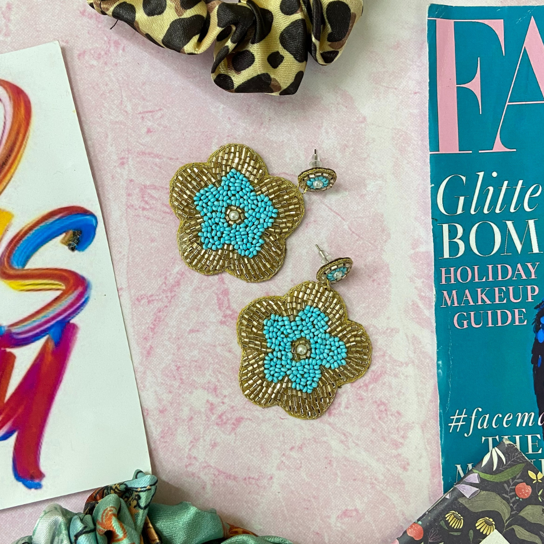 Gold & Blue Floral Earring