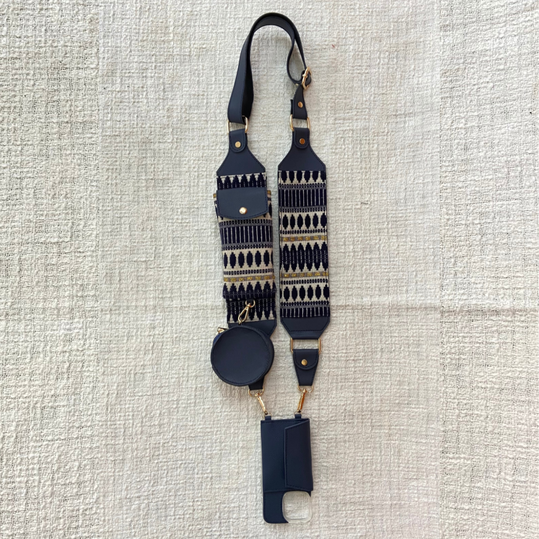 Blue with Blue Bullet Cloth on Pocket Pochette Belt with Phone Case