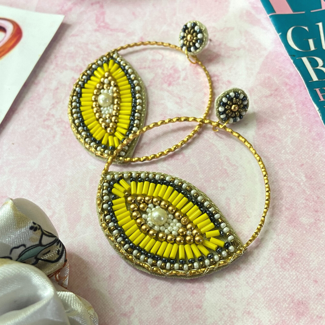 Evil Eye Hoops In Yellow Earrings