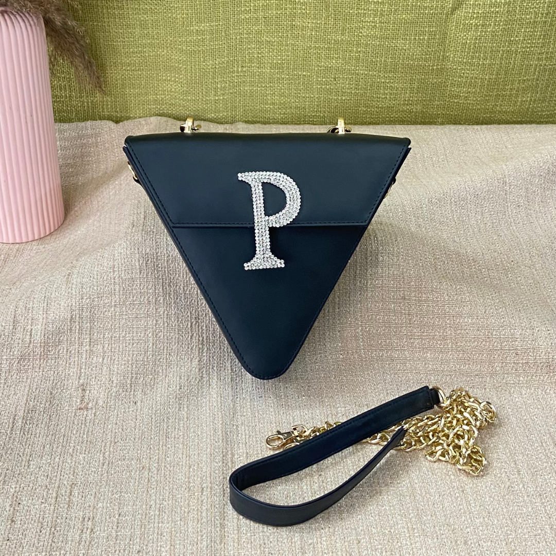 Matte Black Triangular Bag with Initials