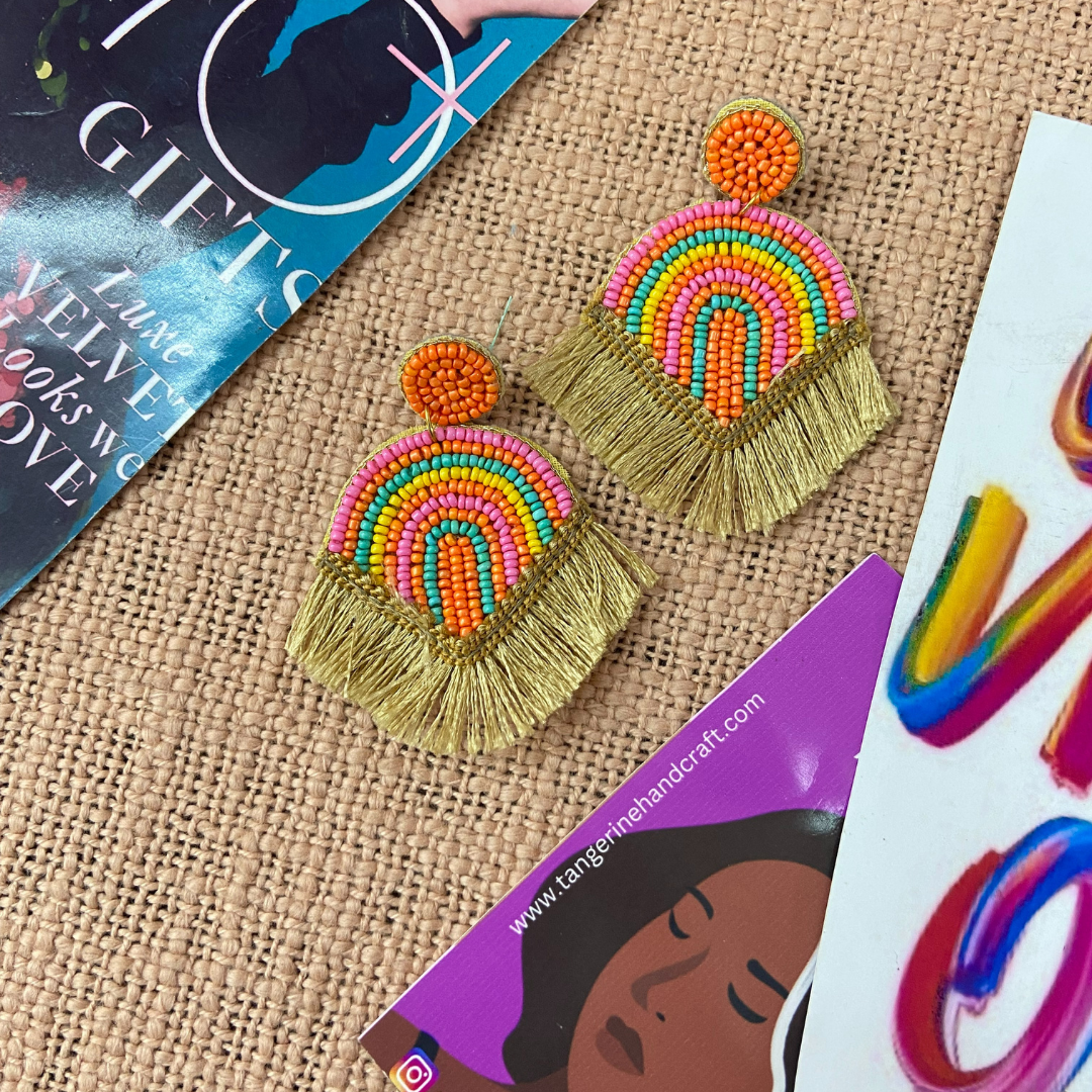 Modern Rainbow with Gold Tassels Earrings
