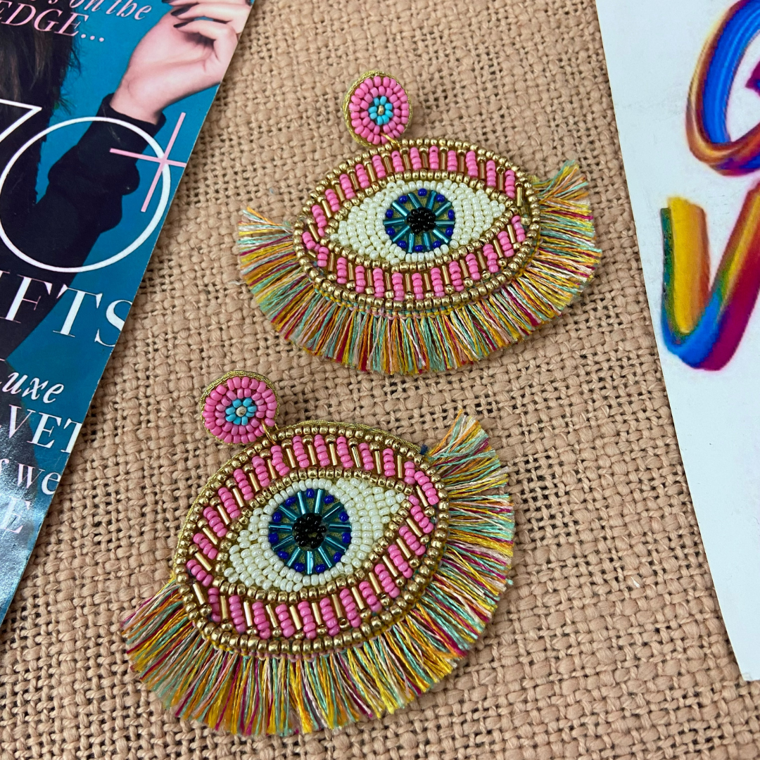 Evil Eye Pink Tassel Earrings