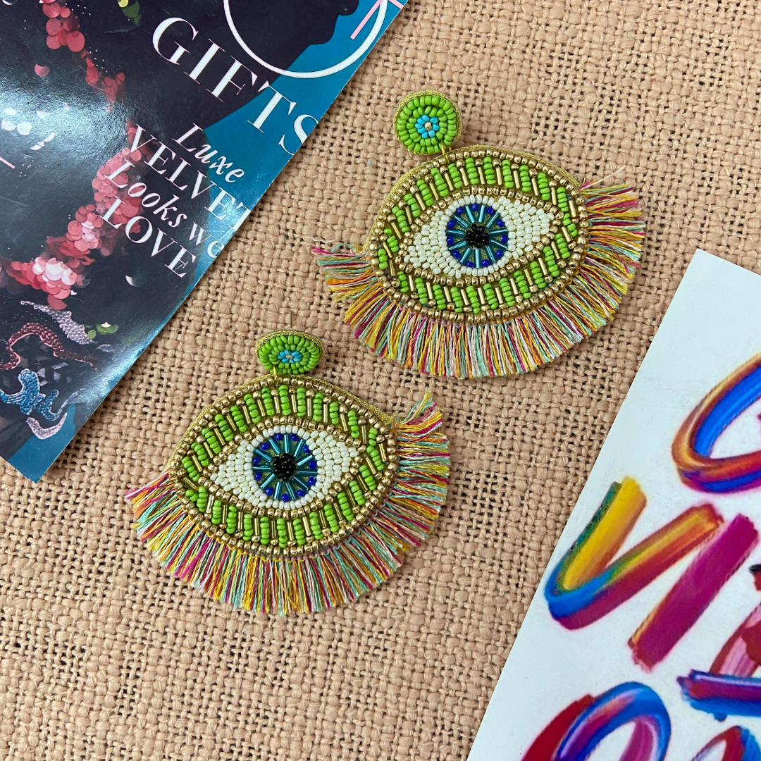 Evil Eye Green Tassel Earrings