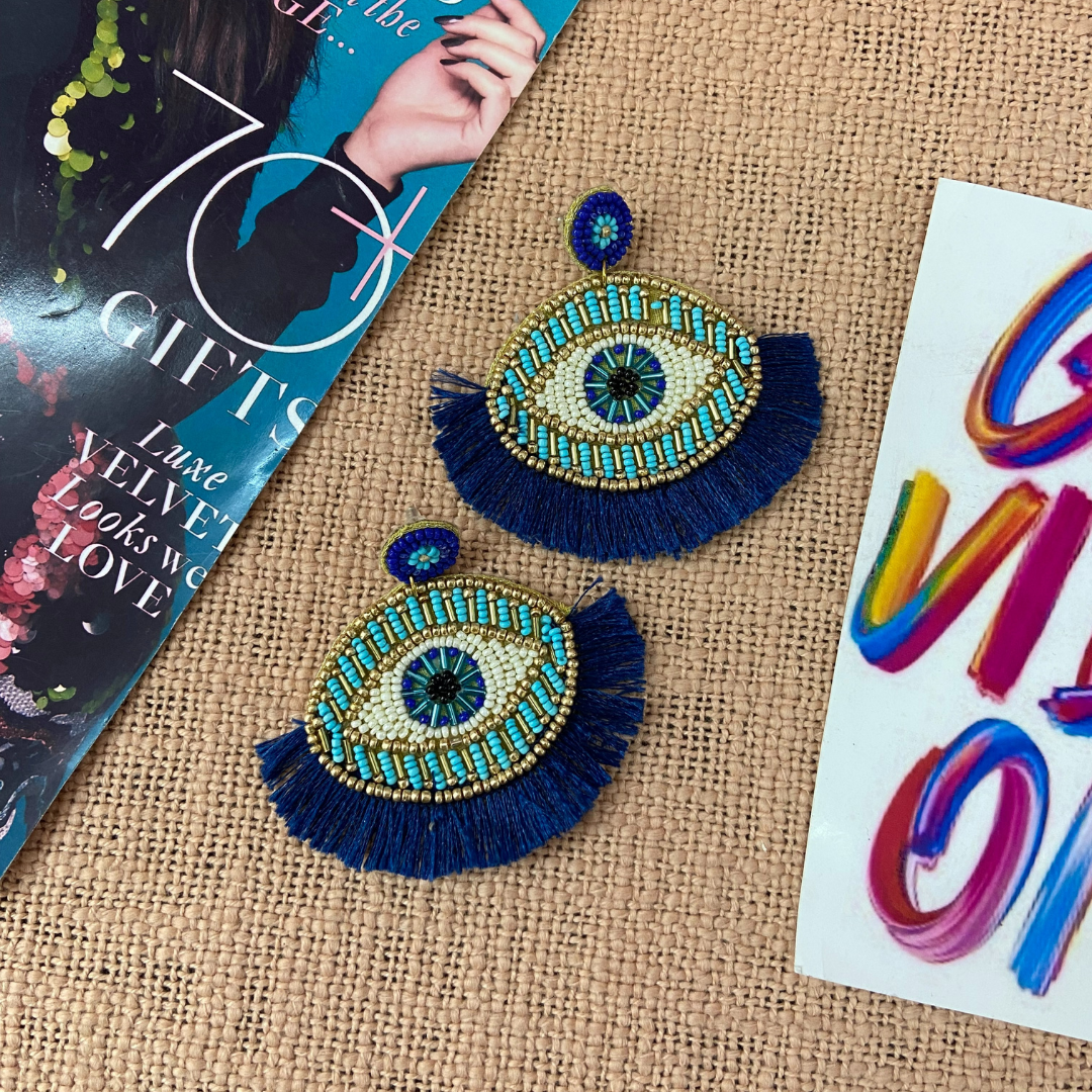 Evil Eye Navy Tassel Earrings