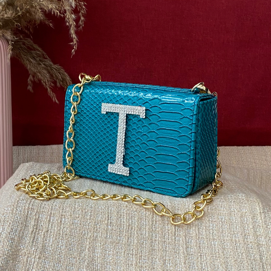 Aqua Blue Green Croc Embossed Box Style Waist Bag Phone Size