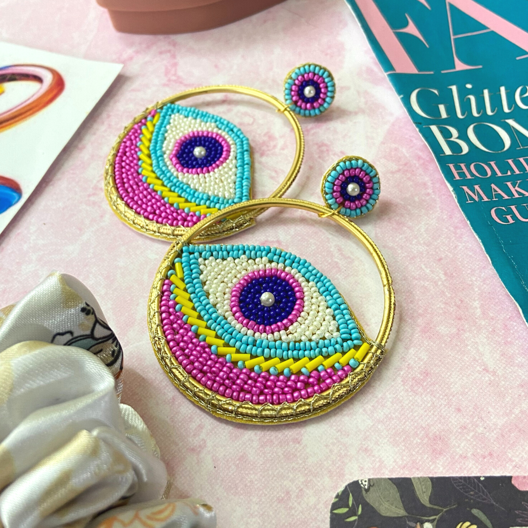 Beaded Hoop Evil Eye Earrings