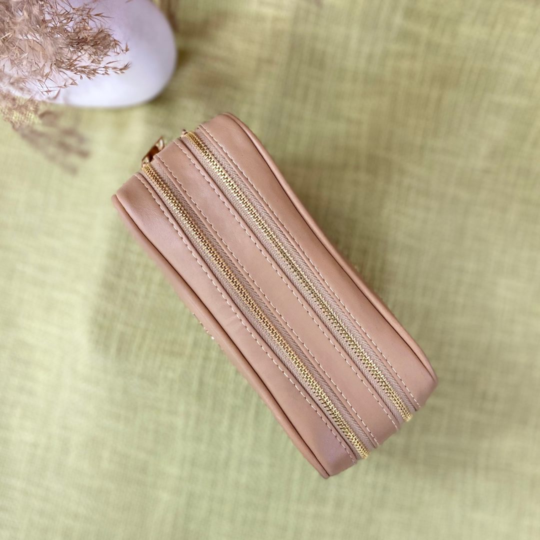 Beige Dual Compartment Bag with Black T-Shape Belt.