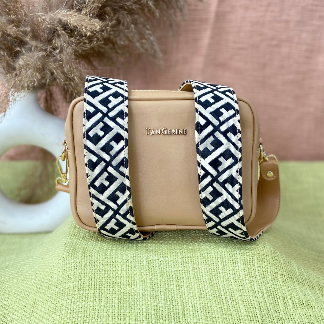 Beige Dual Compartment Bag with Black T-Shape Belt + Big Wallet + Mini Wallet Combo