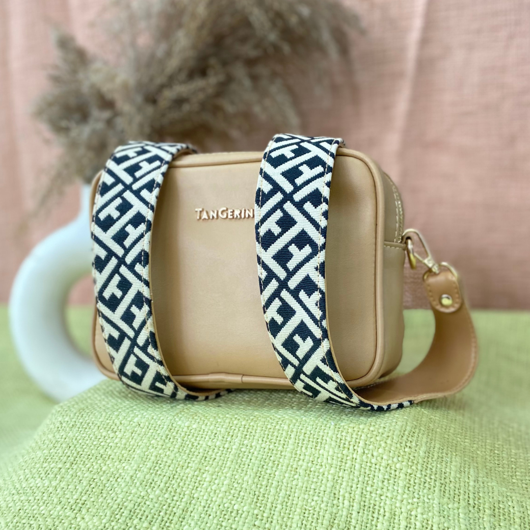 Beige Dual Compartment Bag with Black T-Shape Belt + Big Wallet Combo