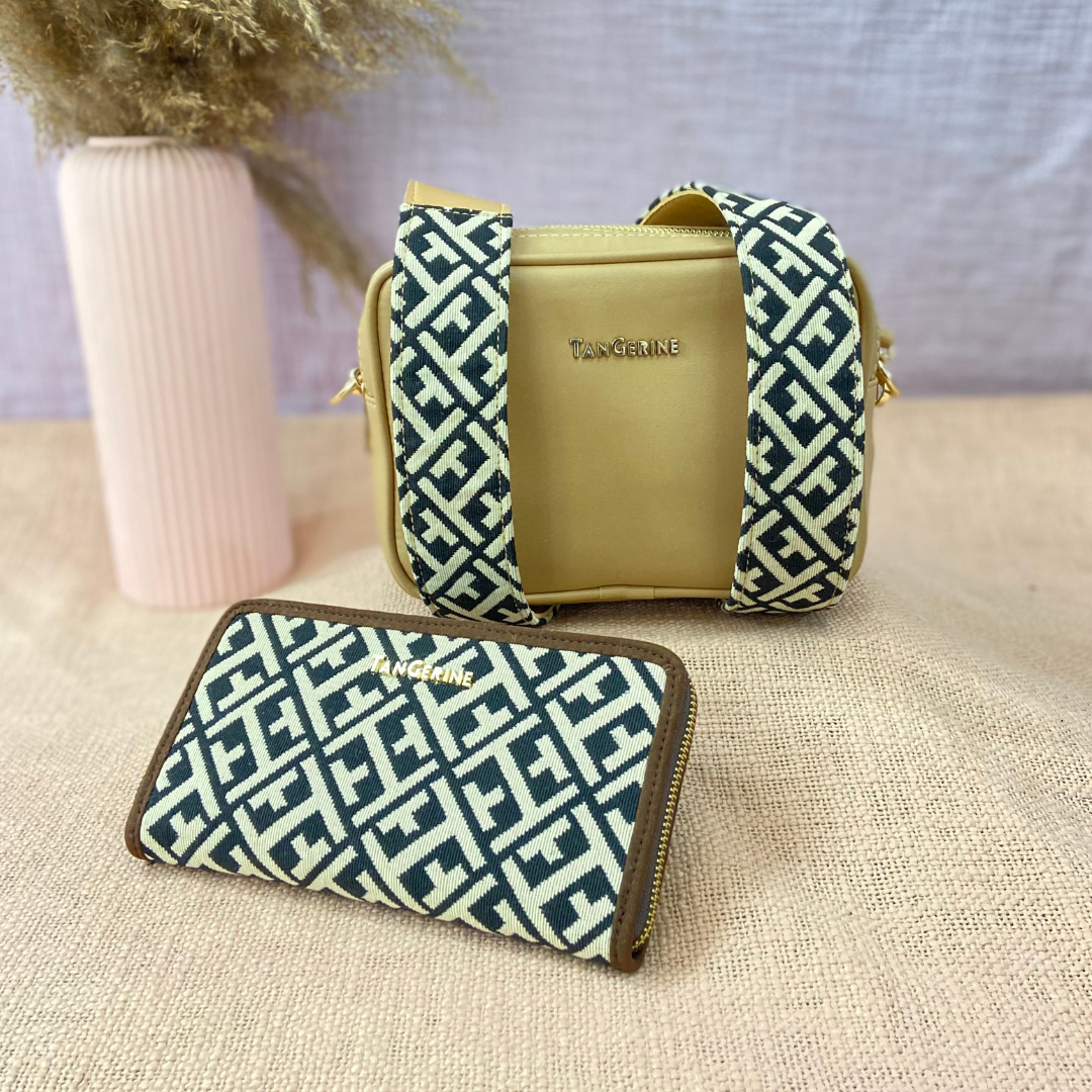 Beige Dual Compartment Bag with Black T-Shape Belt + Big Wallet Combo