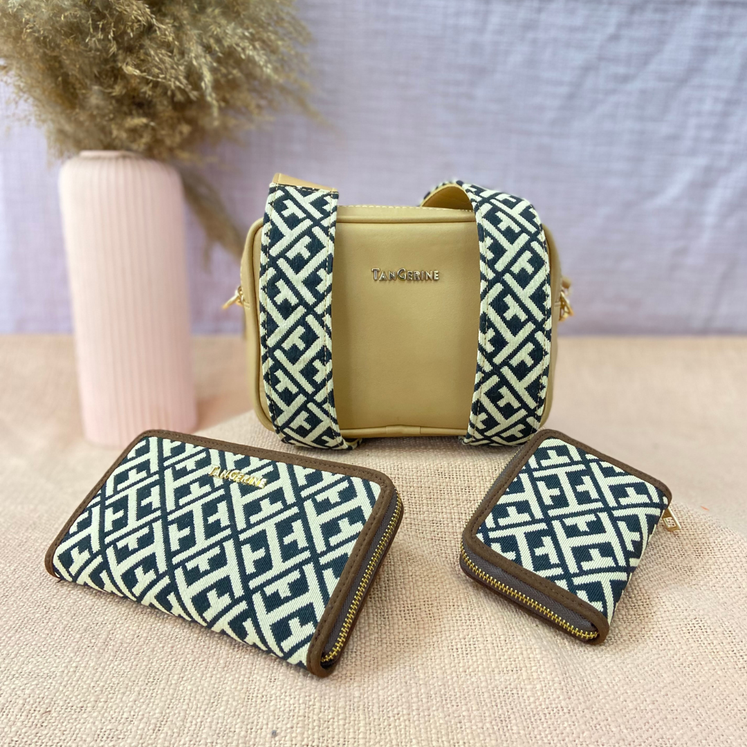 Beige Dual Compartment Bag with Black T-Shape Belt + Big Wallet + Mini Wallet Combo