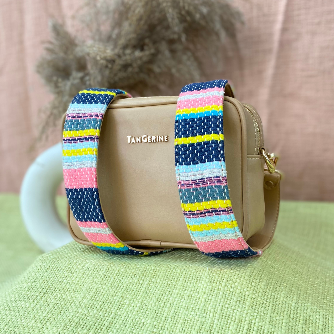 Beige Dual Compartment Bag with Colorful Lines Belt.