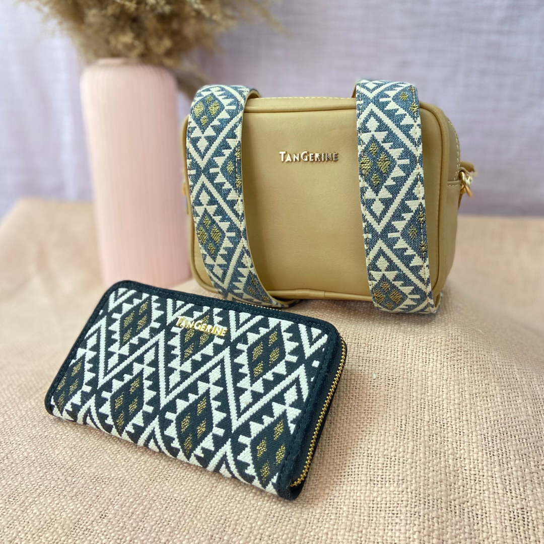 Beige Dual Compartment Bag with Light Black Diamond Belt. + Big Wallet Combo