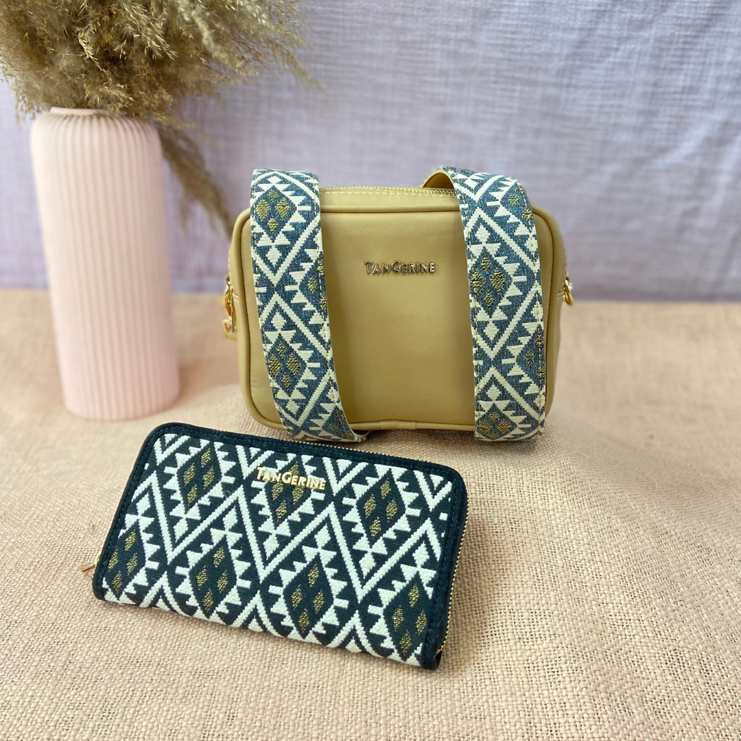 Beige Dual Compartment Bag with Light Black Diamond Belt. + Big Wallet Combo