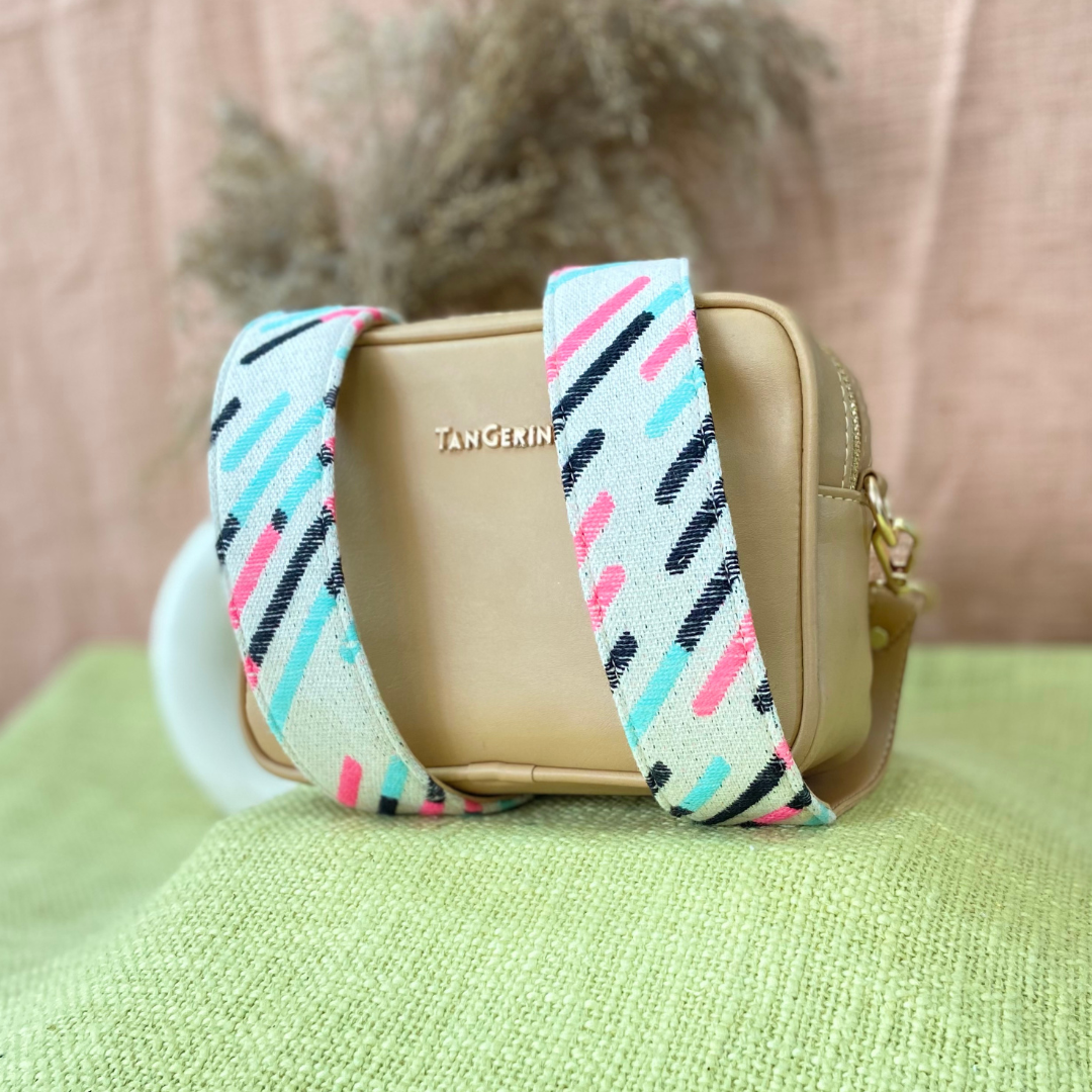 Beige Dual Compartment Bag with Multi-color Lines Belt.