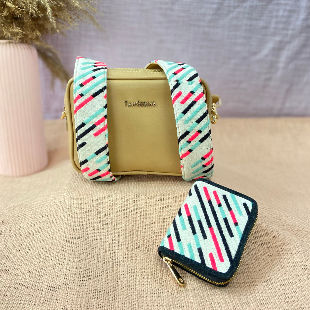 Beige Dual Compartment with Colourful Lines Belt + Wallet Combo