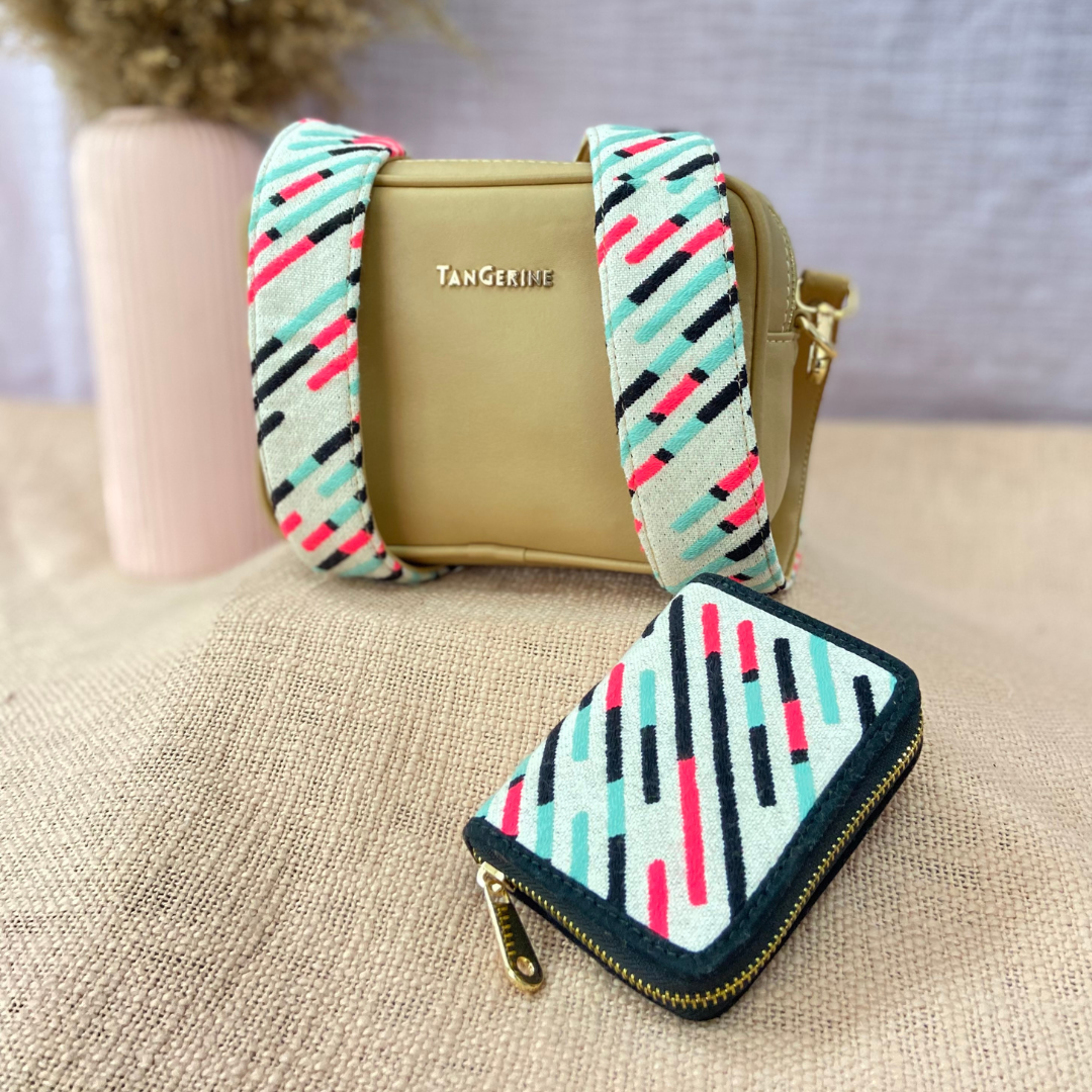 Beige Dual Compartment with Colourful Lines Belt + Wallet Combo