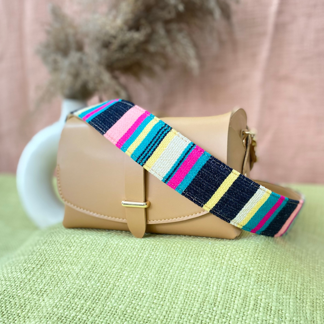 Beige Eva Bag with Multi-color Stripes Belt.